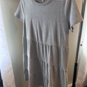 LOFT Black & White Striped Short-Sleeve Midi Dress